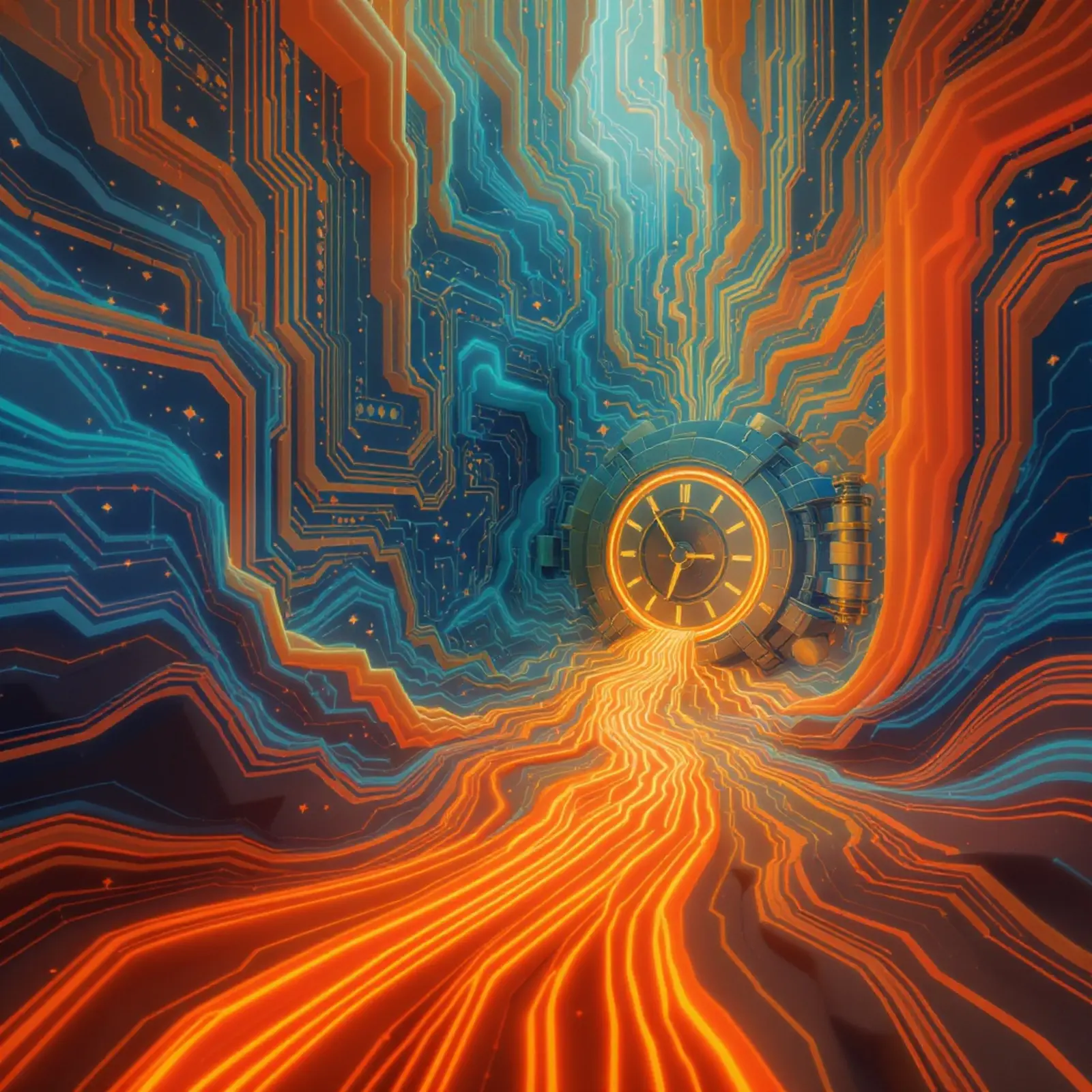 Surreale Minimalaufnahme in Orange/Blau: verknüpfte Server, Datenströme, Tresor, Zeitpfeile.