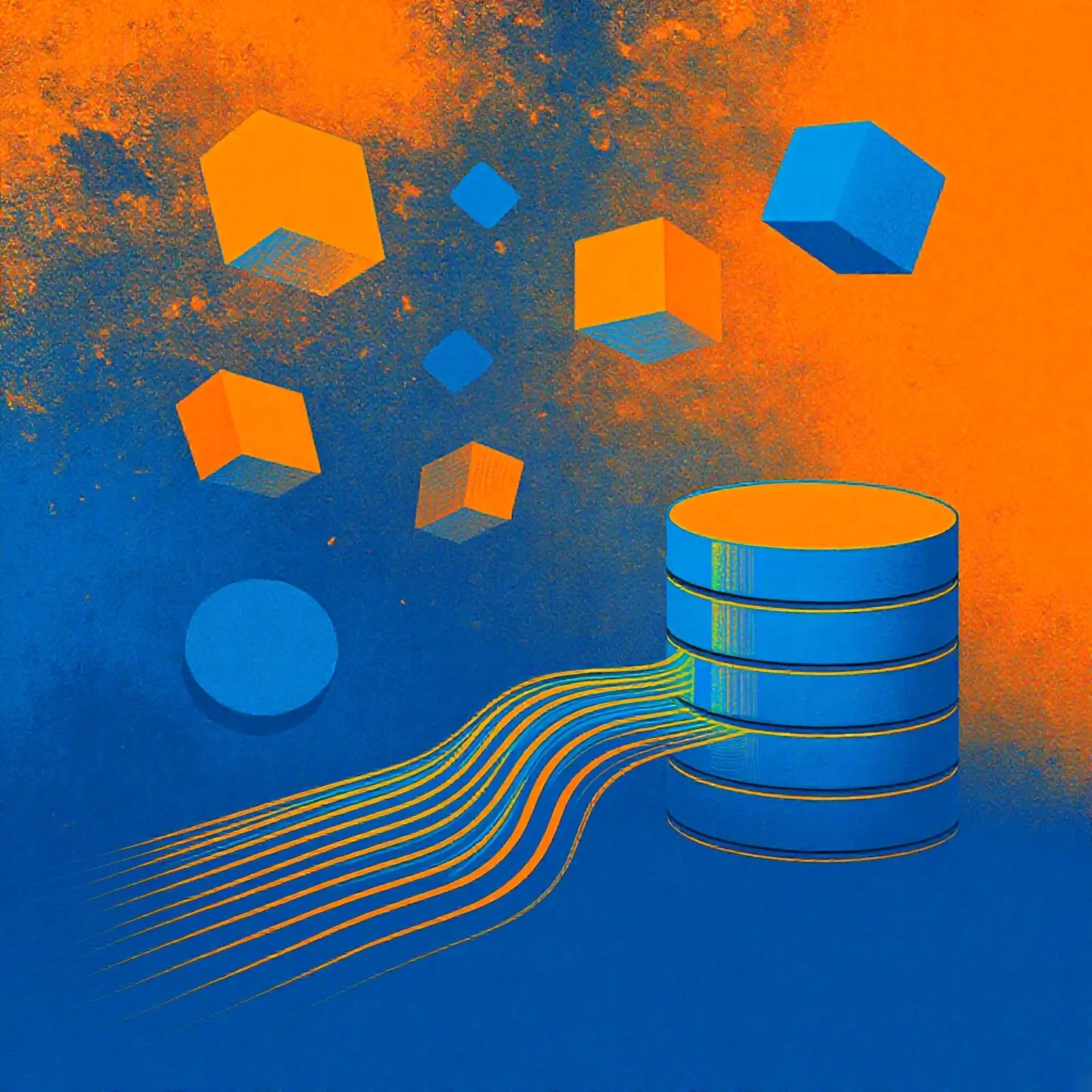 Surreales orange-blaues Bild: schwebende Datenblöcke über Speicherscheiben, inkrementelle Backups.
