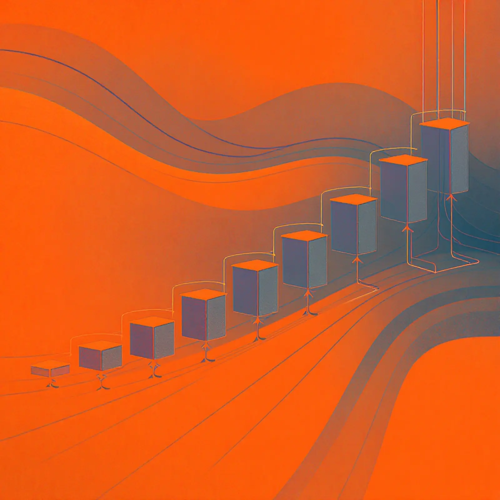 Surreales orange-blaues Quadrat: Vollbackup und inkrementelle Kopien als Datenblöcke mit Pfeilen