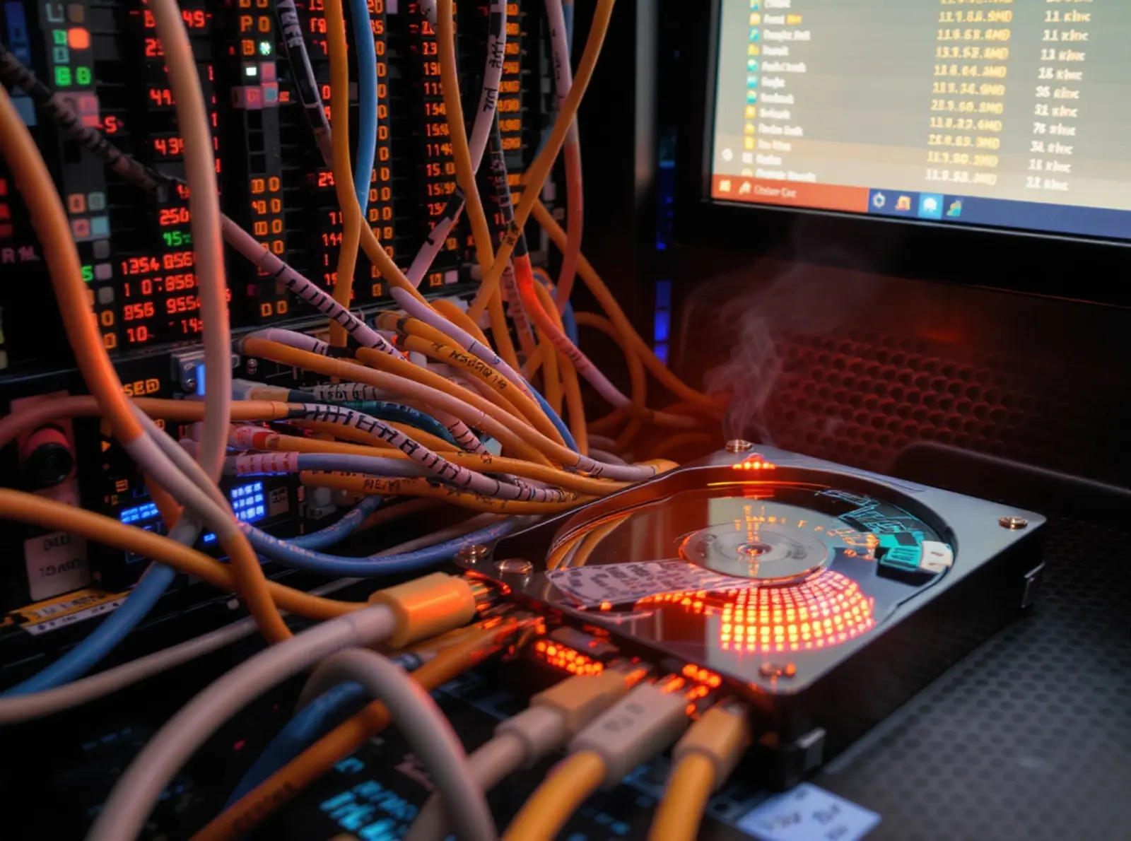 Surreale Orange-Blau-Szene: Festplatte an Server angeschlossen, Monitor mit Dateiliste und Zeitstempeln