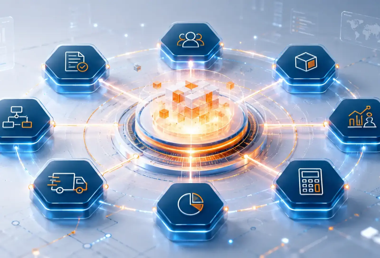 Eine digitale Illustration aus miteinander verbundenen Sechsecken mit Business-Symbolen, die eine leuchtende zentrale Plattform umgeben und Konzepte wie Datenanalyse, Versand, Planung, Finanzen, Teamarbeit und Netzwerkintegration darstellen.