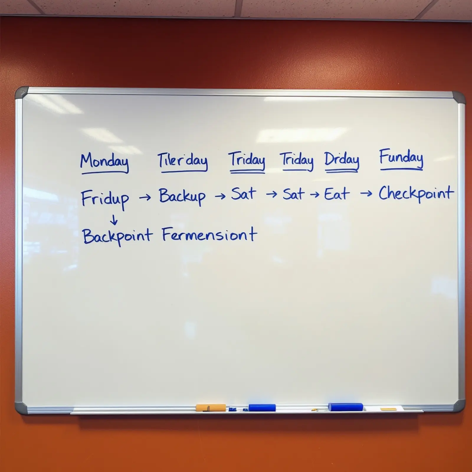 Surreales orange-blaues Whiteboard mit handgezeichnetem Wochenkalender und Pfeil-Verbindungen