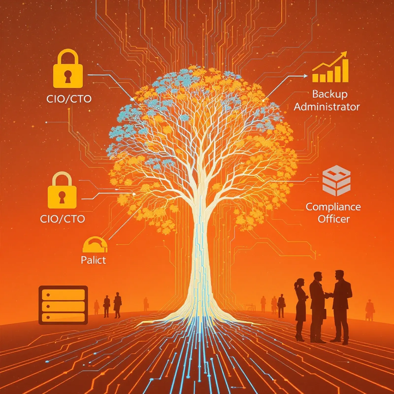 Abstrakte IT-Backup-Szene mit CIO/CTO, Backup-Admin, Systemingenieure, Compliance; Datenfluss.