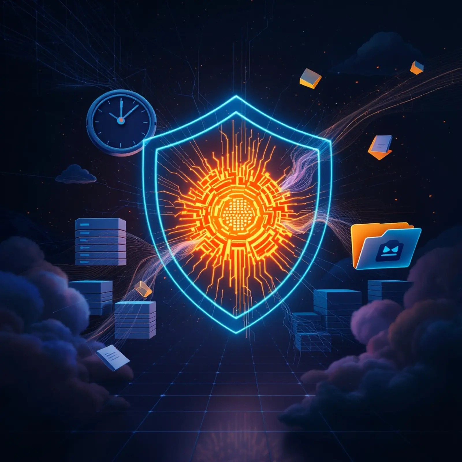 Orangener Kern, blauer Schild, geänderte Blöcke, Uhr wird Ordner, Daten zum Tresor/Cloud.