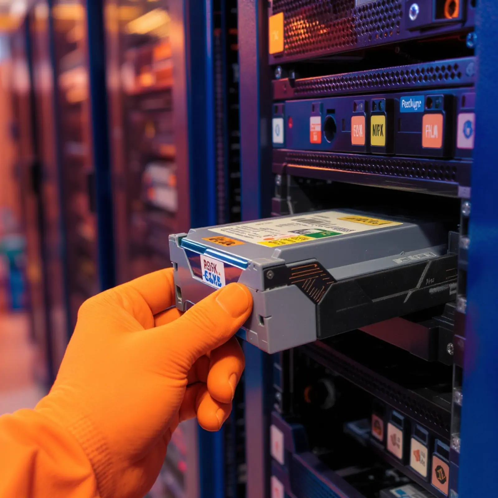 Techniker zieht eine einzelne Backup-Tape-Kassette aus einem teilweise gefüllten Regal
