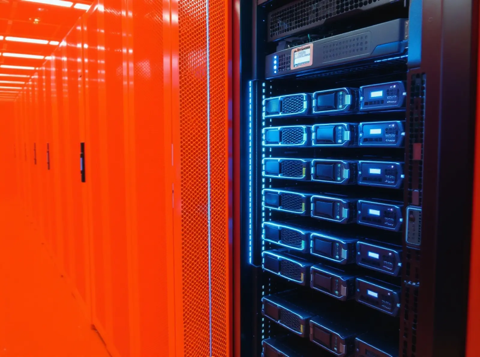 Surreales Serverraum-Bild mit wenigen belegten Laufwerken in leeren Regalfächern, Blau und Orange