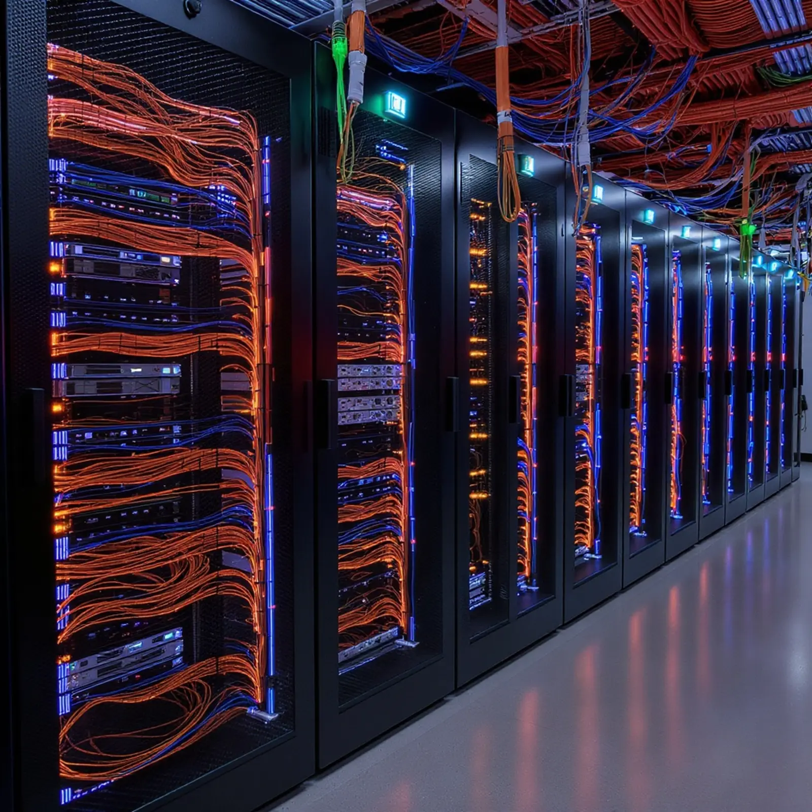 Surreale Serverraum-Szene in Orange und Blau mit getrennten Racks für Datei-, VM- und Datenbankserver
