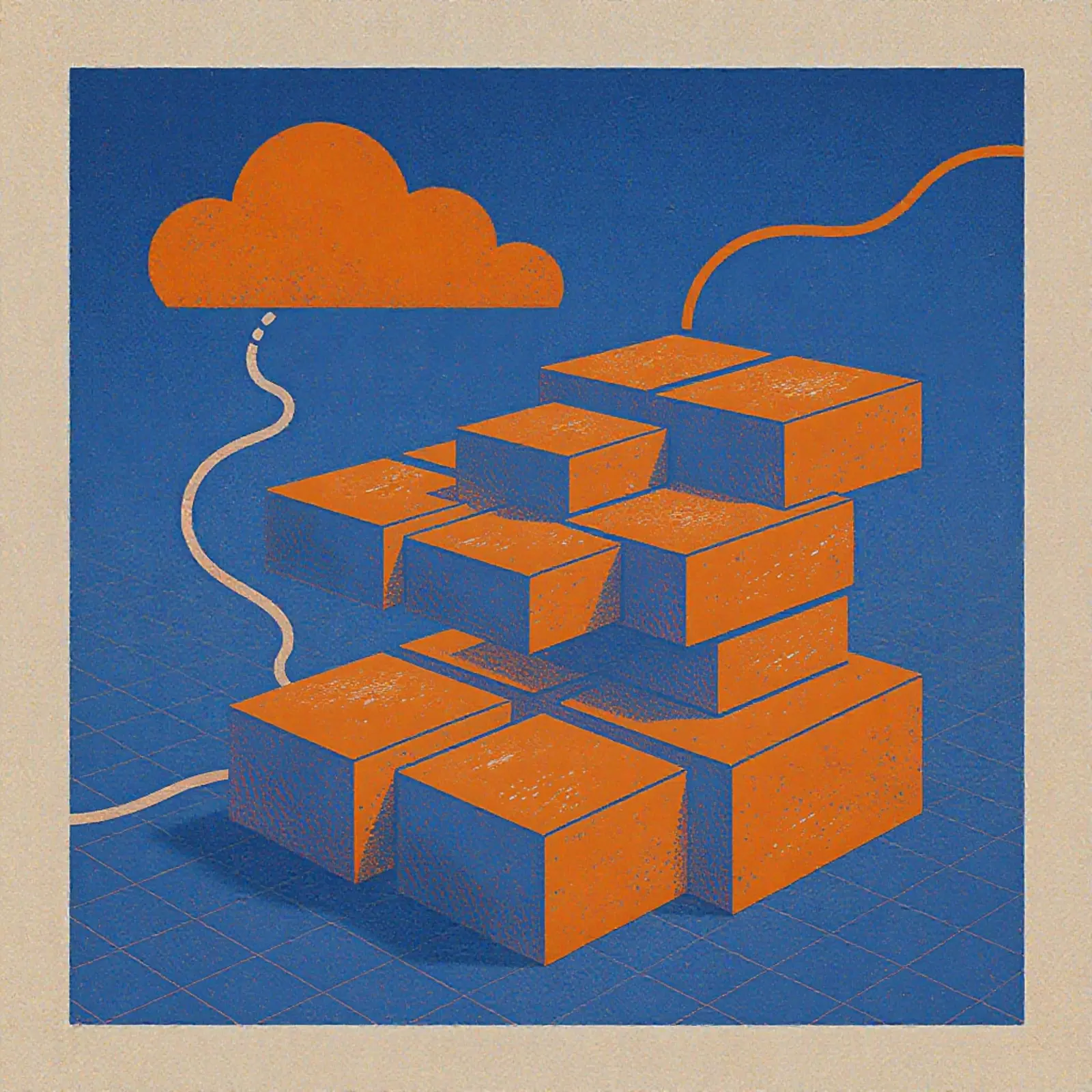Surreales orange-blaues Quadrat; gestapelte Blöcke symbolisieren Basis- und inkrementelles Backup.