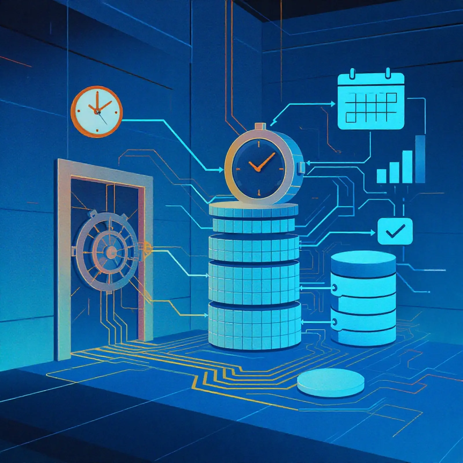 Surreales Bild in Orange/Blau: Uhren, Kalender, Tresore und Daten formen Speicher durch Backups