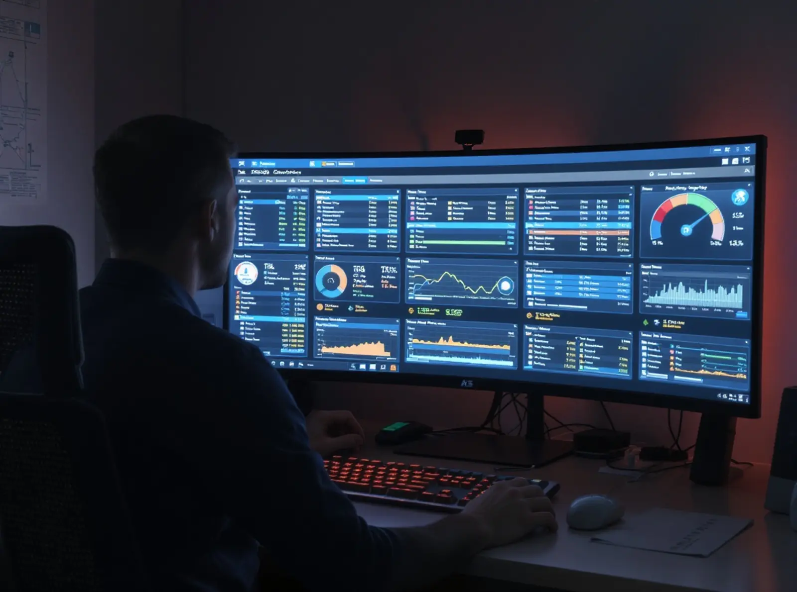 IT-Administrator an sauberem Arbeitsplatz mit Backup-Software-Dashboard auf Monitor in Orange und Blau