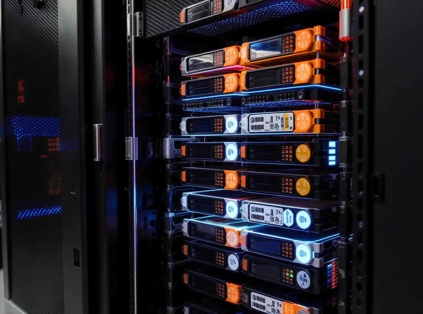 Server-Rack mit ausziehbaren Festplatten und SSD-Modulen in Blau und Orange, surreal