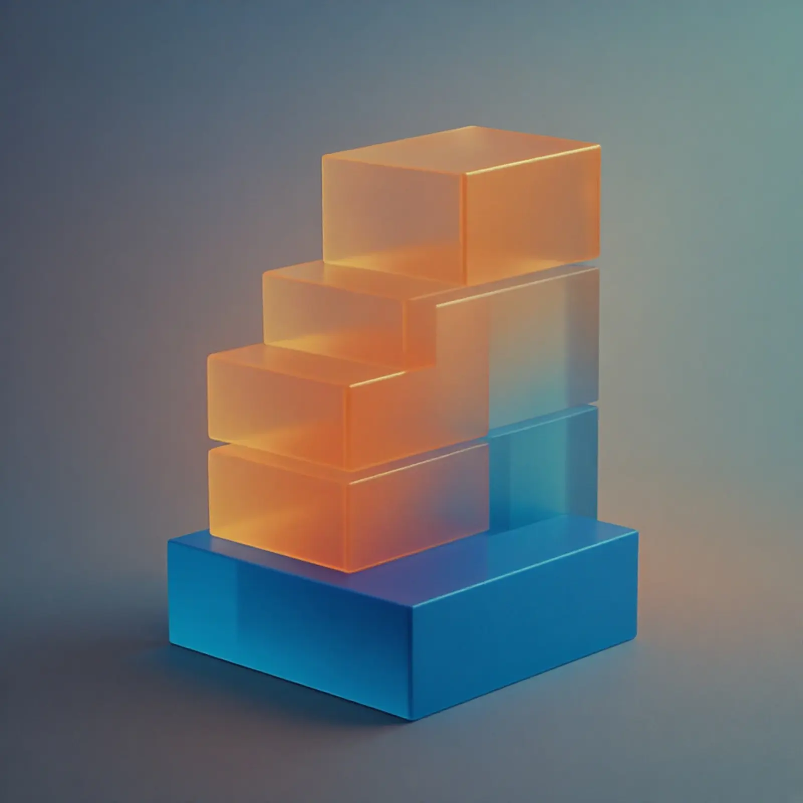 Quadratische Surrealfotografie in Blau und Orange: blaue Vollbasis, orange Blöcke steigen.