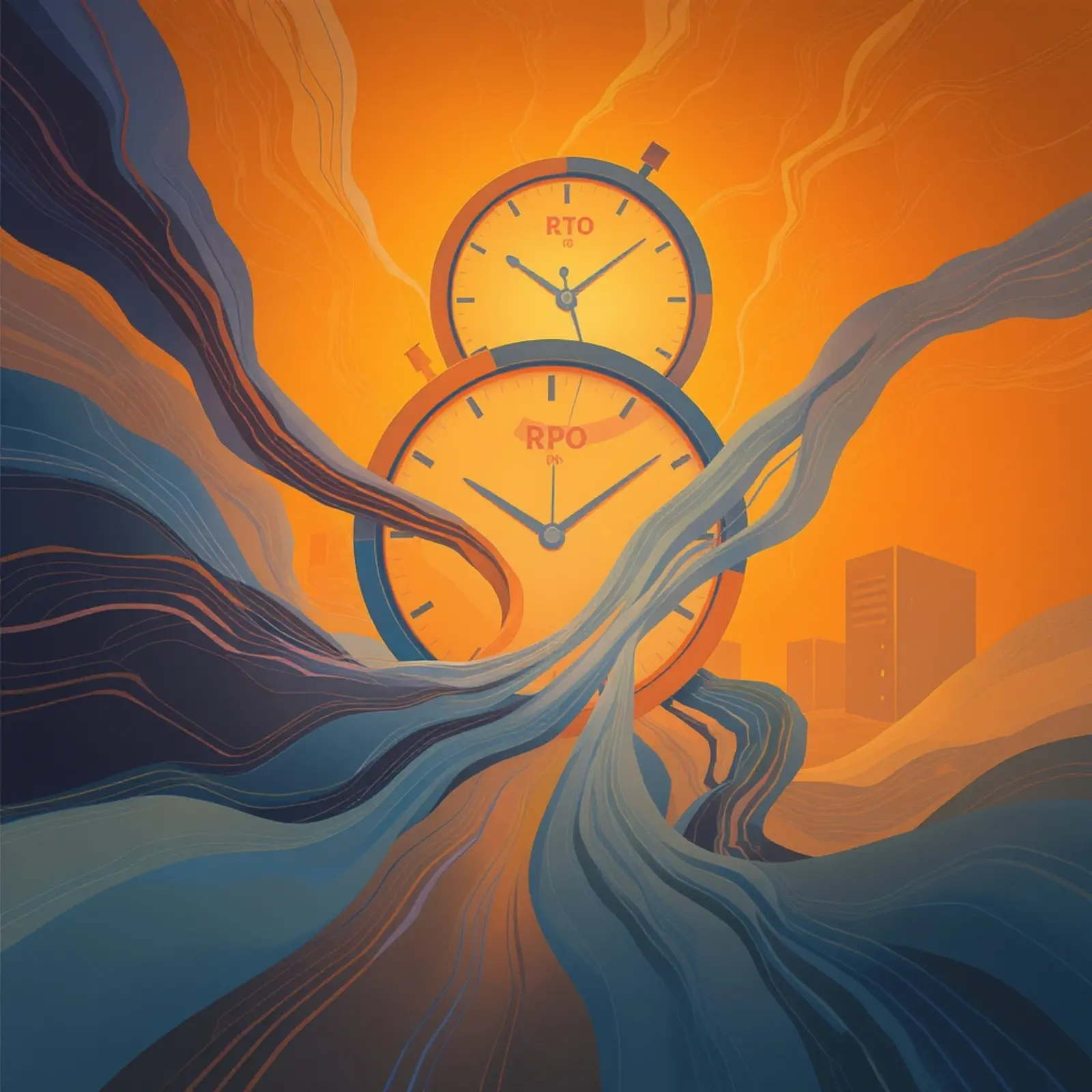 Surreales Quadratbild in Orange und Blau; Uhren für RTO/RPO, Datenströme, Server-Silhouetten.