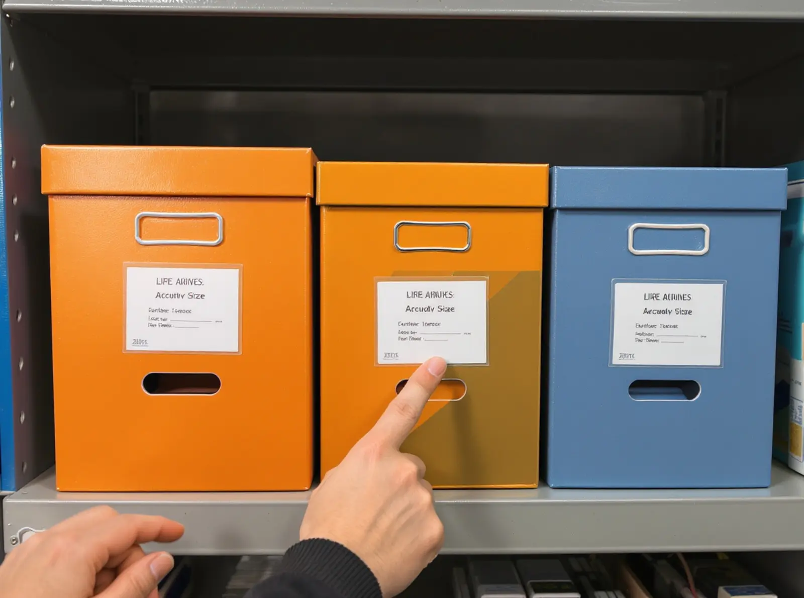 Drei beschriftete Archivboxen auf einem Regal, Hand zeigt vergleichend darauf, surreales Blau-Orange Licht