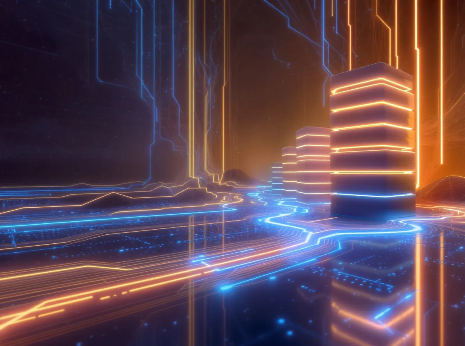 Glühende orange und blaue Datenströme um minimalistische Serverlandschaft mit Speicherblöcken.