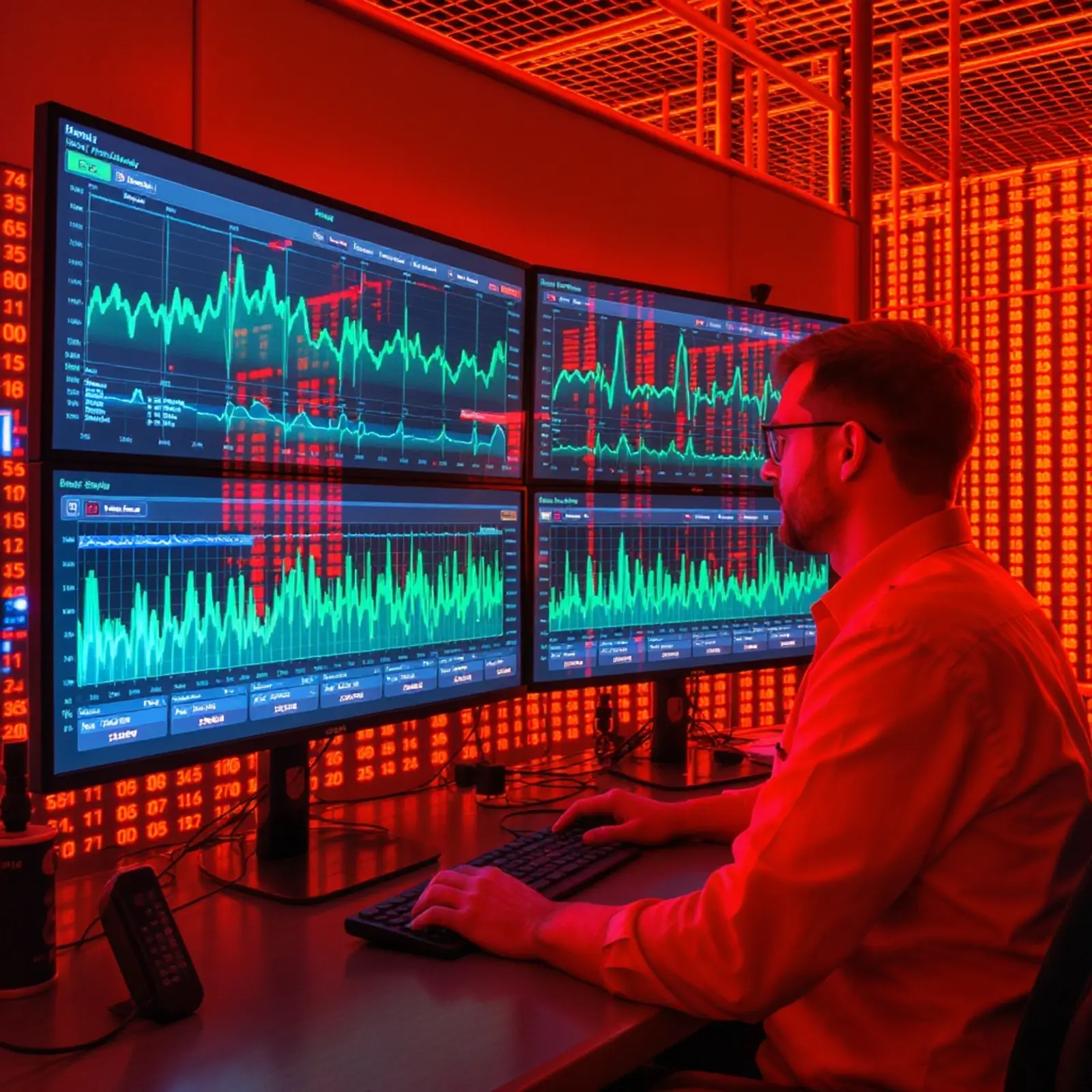 Mitarbeiter im Netzwerkoperationszentrum prüft Bandbreitengraphen auf Monitor, blau-orange surreal