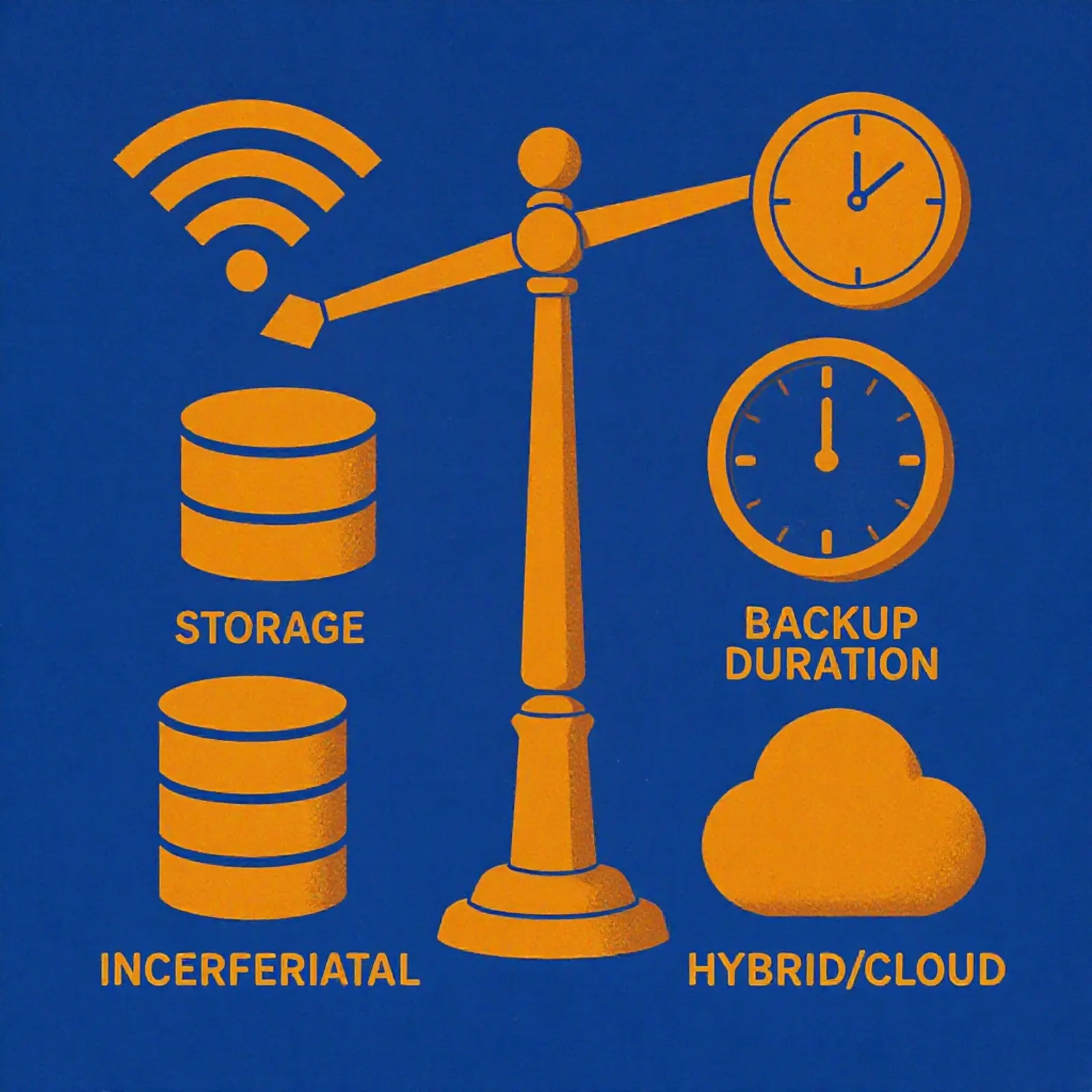 Quadratbild surreal-Orange/Blau-Bild mit Speicher, Pfeile, Dauer; inkrementell vs diff. Hybrid-Cloud