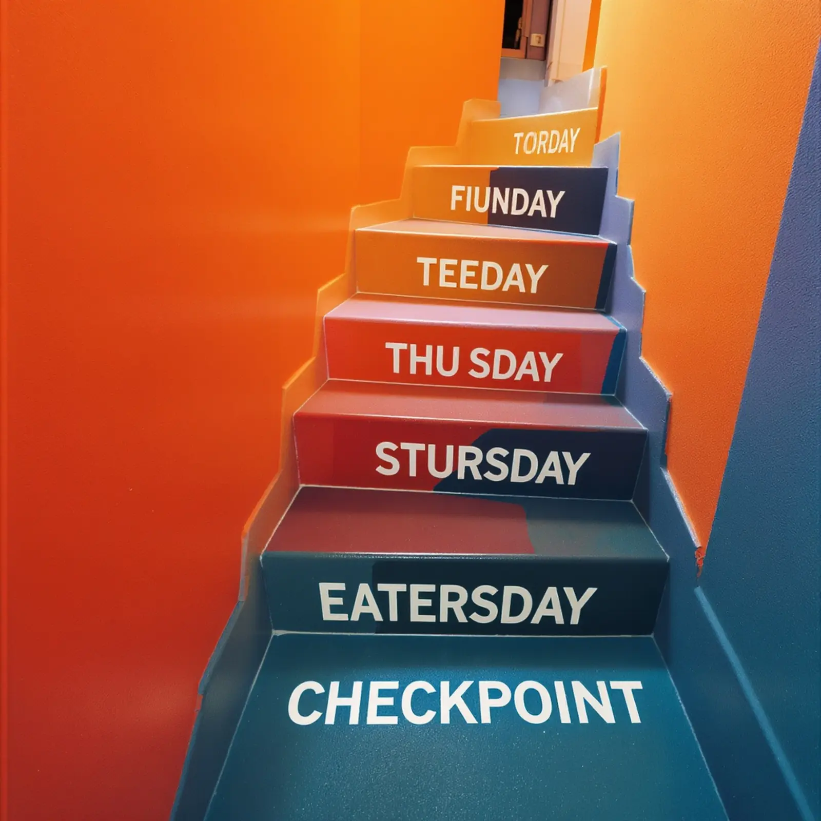 Surreale Treppe in Orange und Blau, mit Tagen der Woche als Backup-Checkpoints von oben