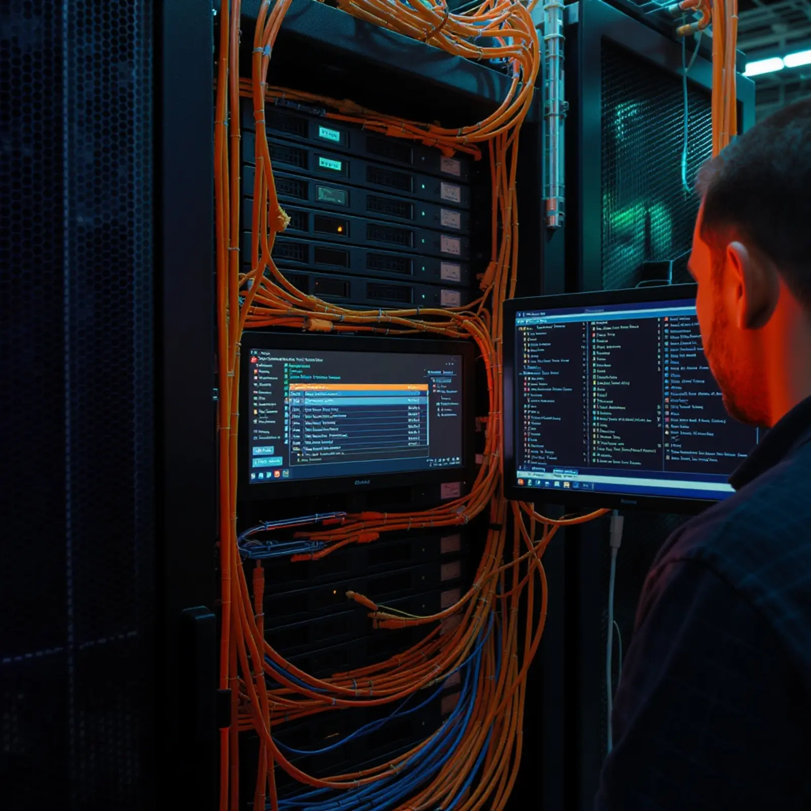 Techniker betrachtet Backup-Server mit mehreren Laufwerkschächten auf Monitor im surreale Farbwelt