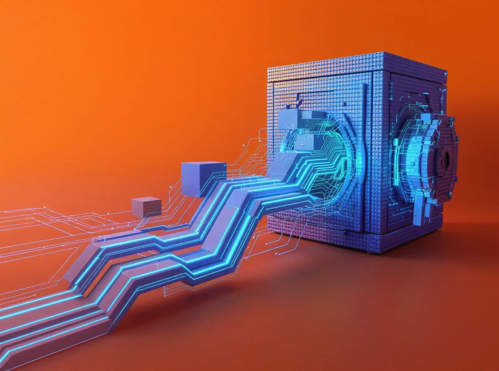 Surreale, fotorealistische Darstellung in Orange und Blau von Backups: Tresor verzweigt in Segmente.
