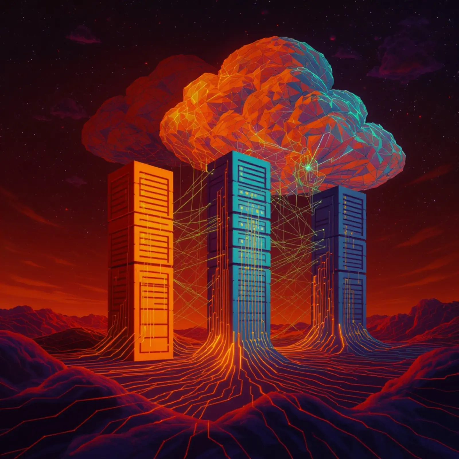 Surreales orange-blaues Speichersystem mit NAS-Türme, Extern-Speicher, Cloud, Fäden.