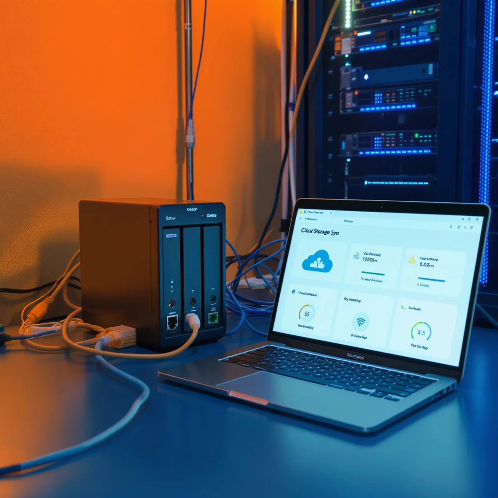 Techniker verbindet NAS mit Netzwerkkabel; Laptop zeigt Cloud-Sync mit Upload-Fortschritt