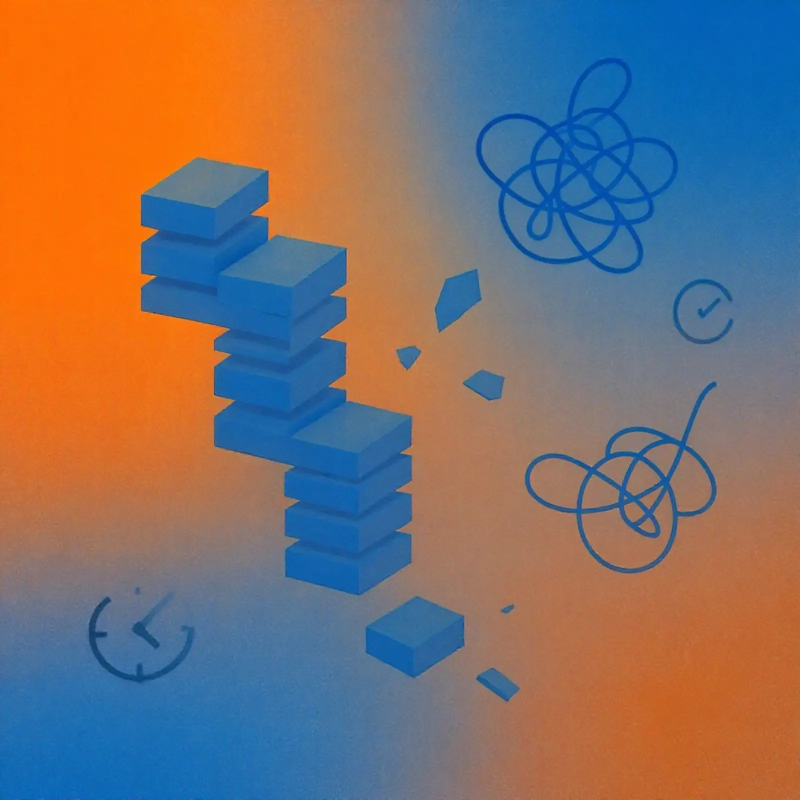 Surreales quadratisches Bild in Orange/Blau; brüchige inkrementelle Backups, verschlungen Datenpfade