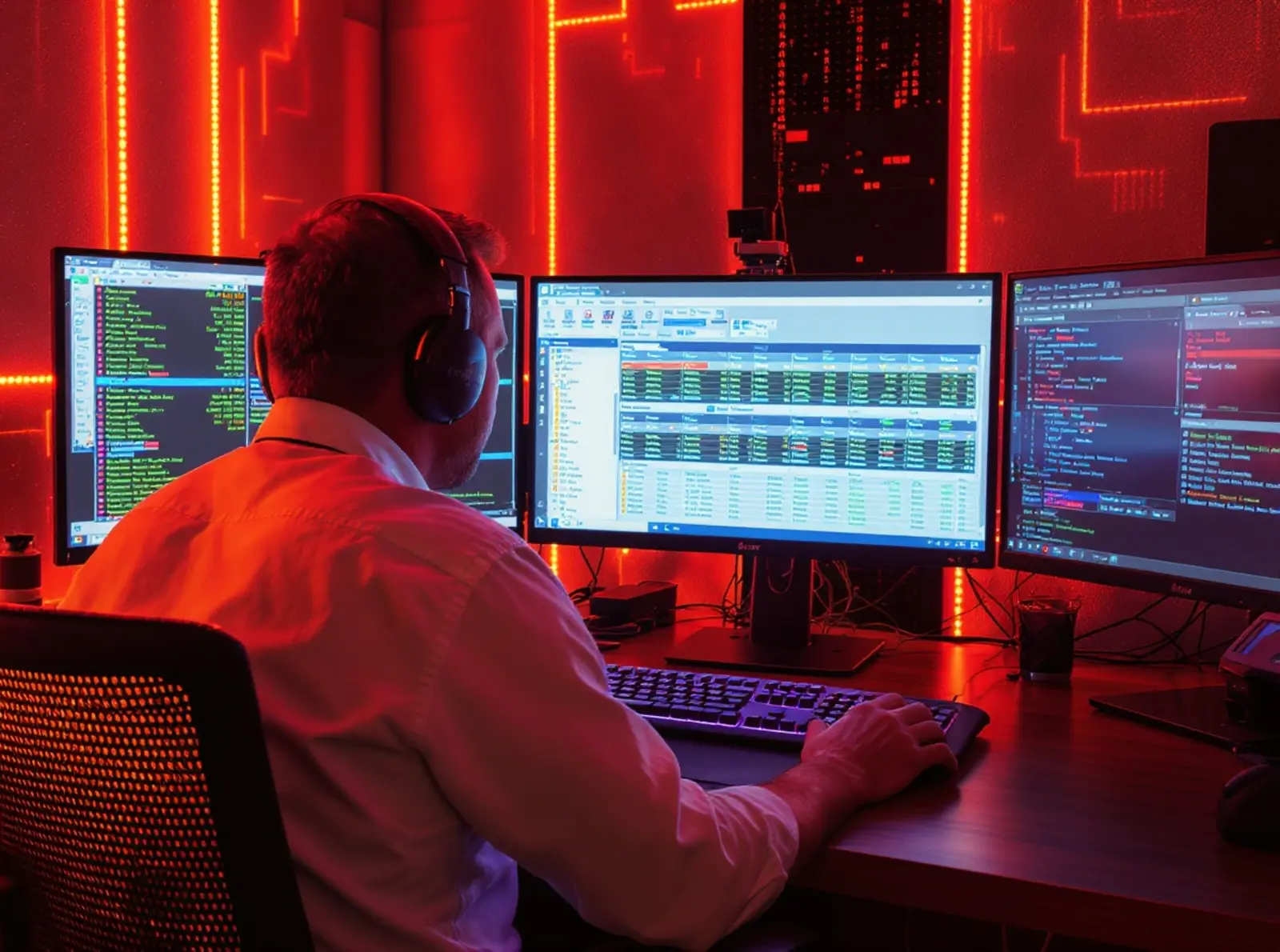 Surreale Szene: Systemadministrator an Multi-Monitor-Workstation mit Backup-Log und Statusanzeigen