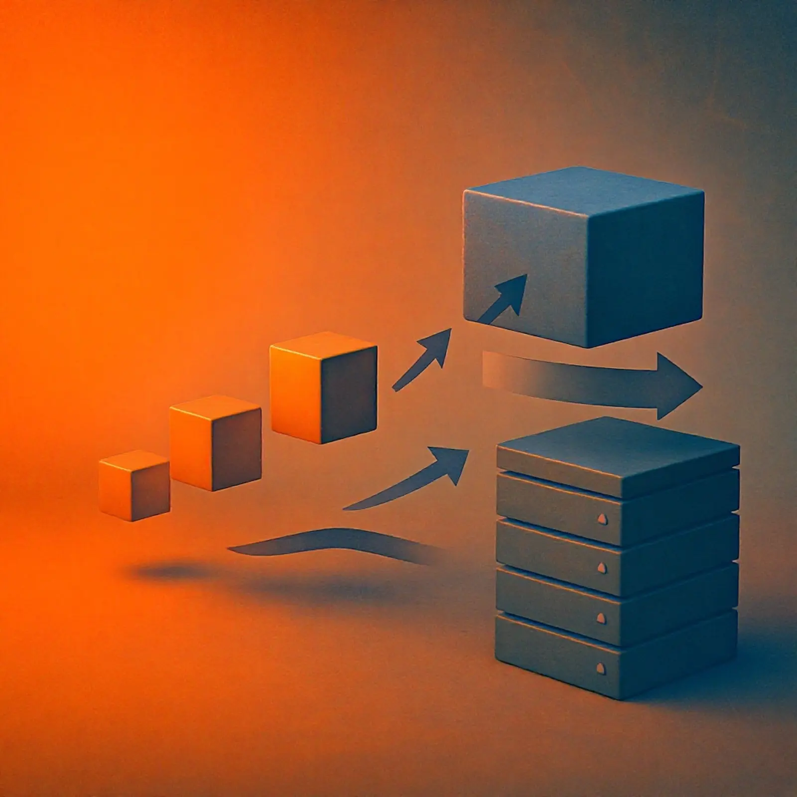Surreales Bild in Orange/Blau: Datenblöcke, Pfeile verschieben Datenlagen, inkrementelle Backups.