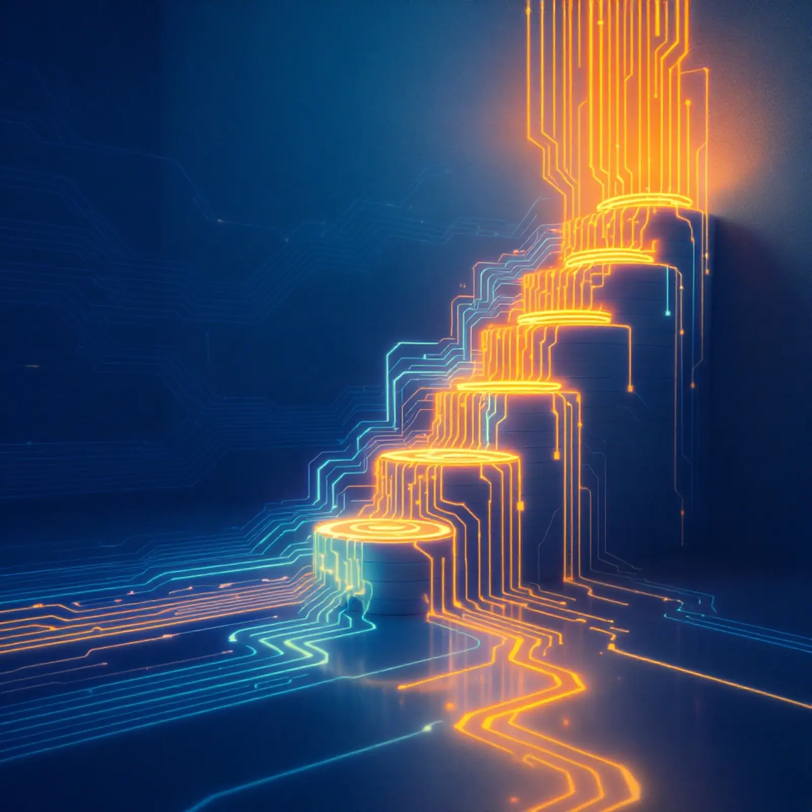Surreales quadratisches Bild in Orange/Blau: Festplatten stapeln sich als Treppe, Datenflüsse.