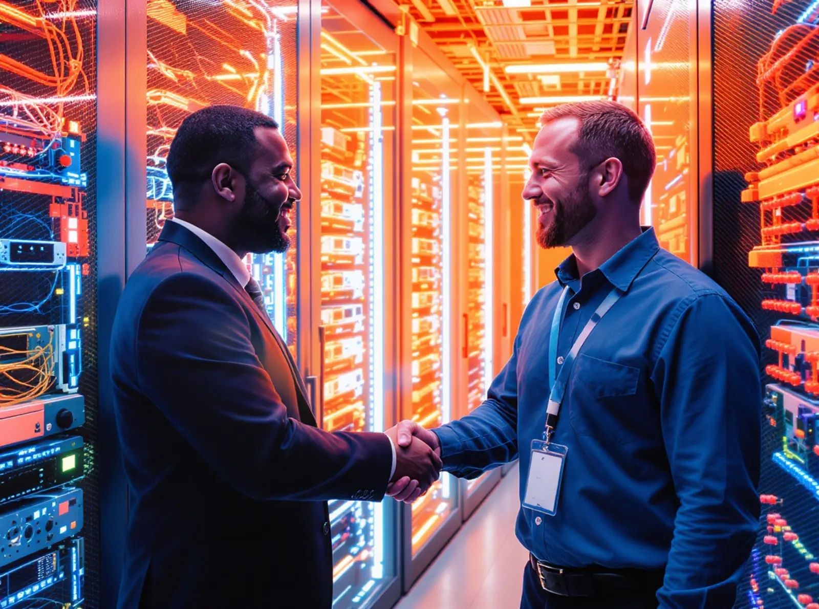 Business-IT-Teammitglied bei Händeschütteln im Serverraum nach erfolgreichem System-Recovery-Test