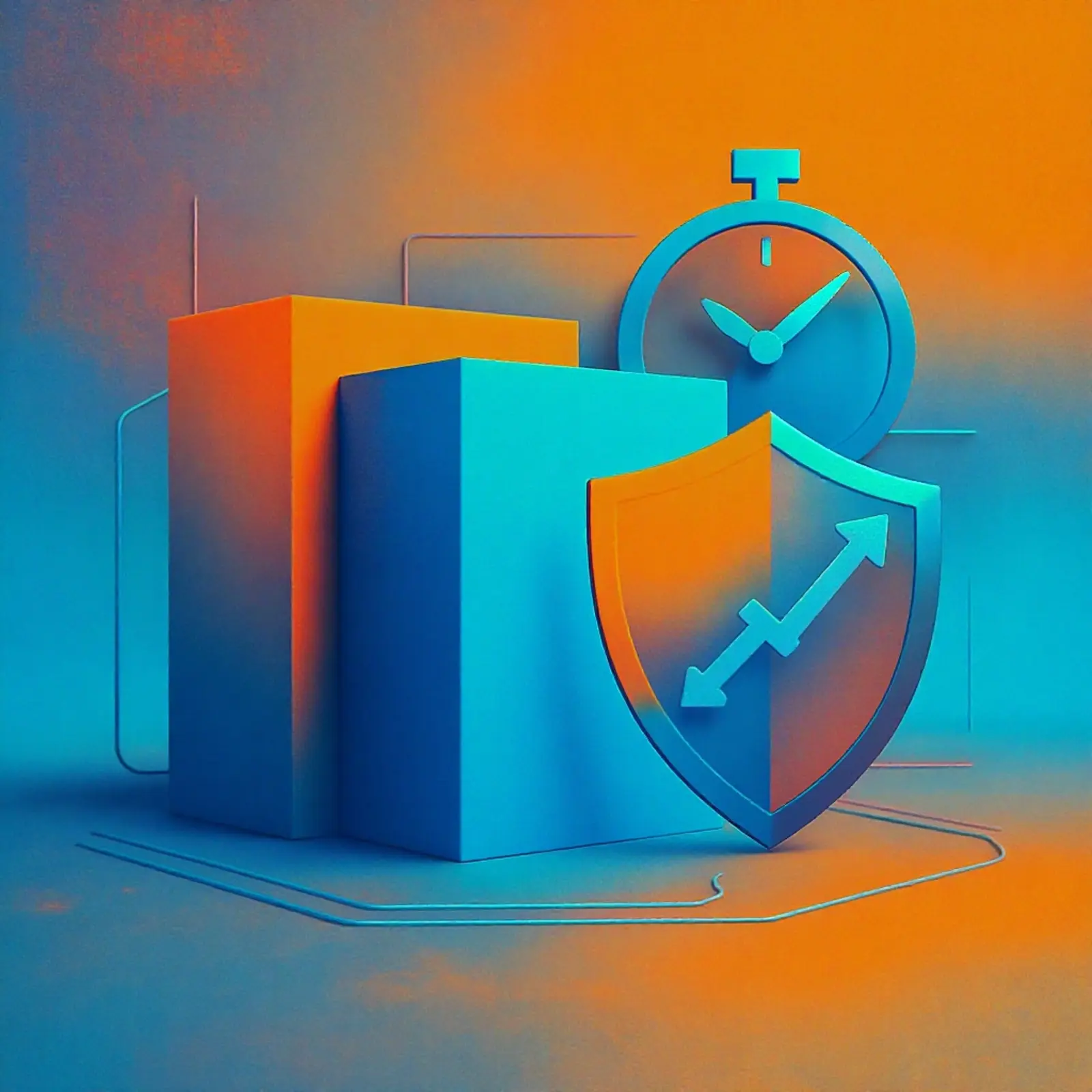 Quadratisches surreales Symbolbild in Orange/Blau: Schnappschüsse, Uhr (RTO), Schild, Schaltkreise