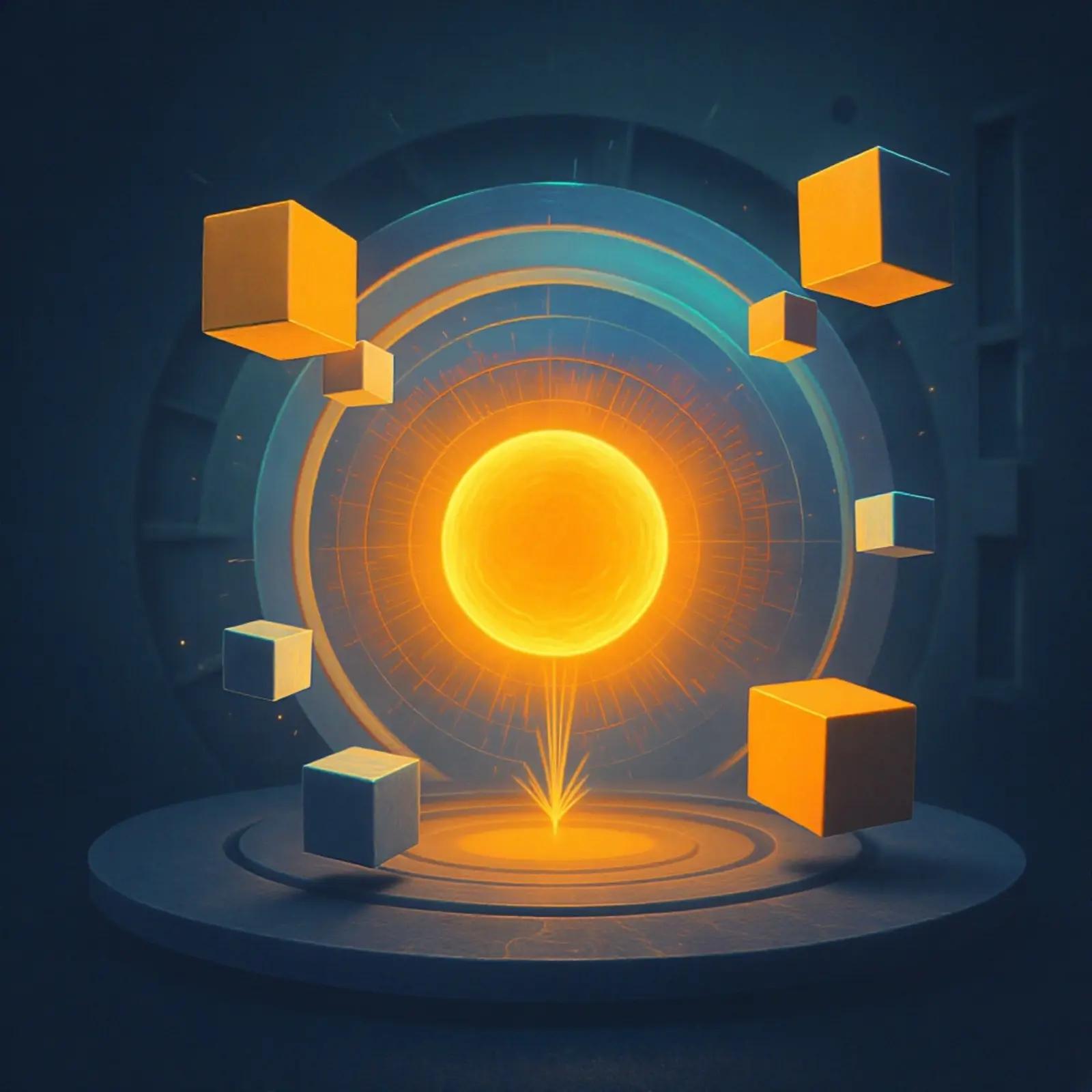 Orangener Kern als Voll-Backup, von blauen Ringen und Blöcken umgeben, Datensicherung-Symbol