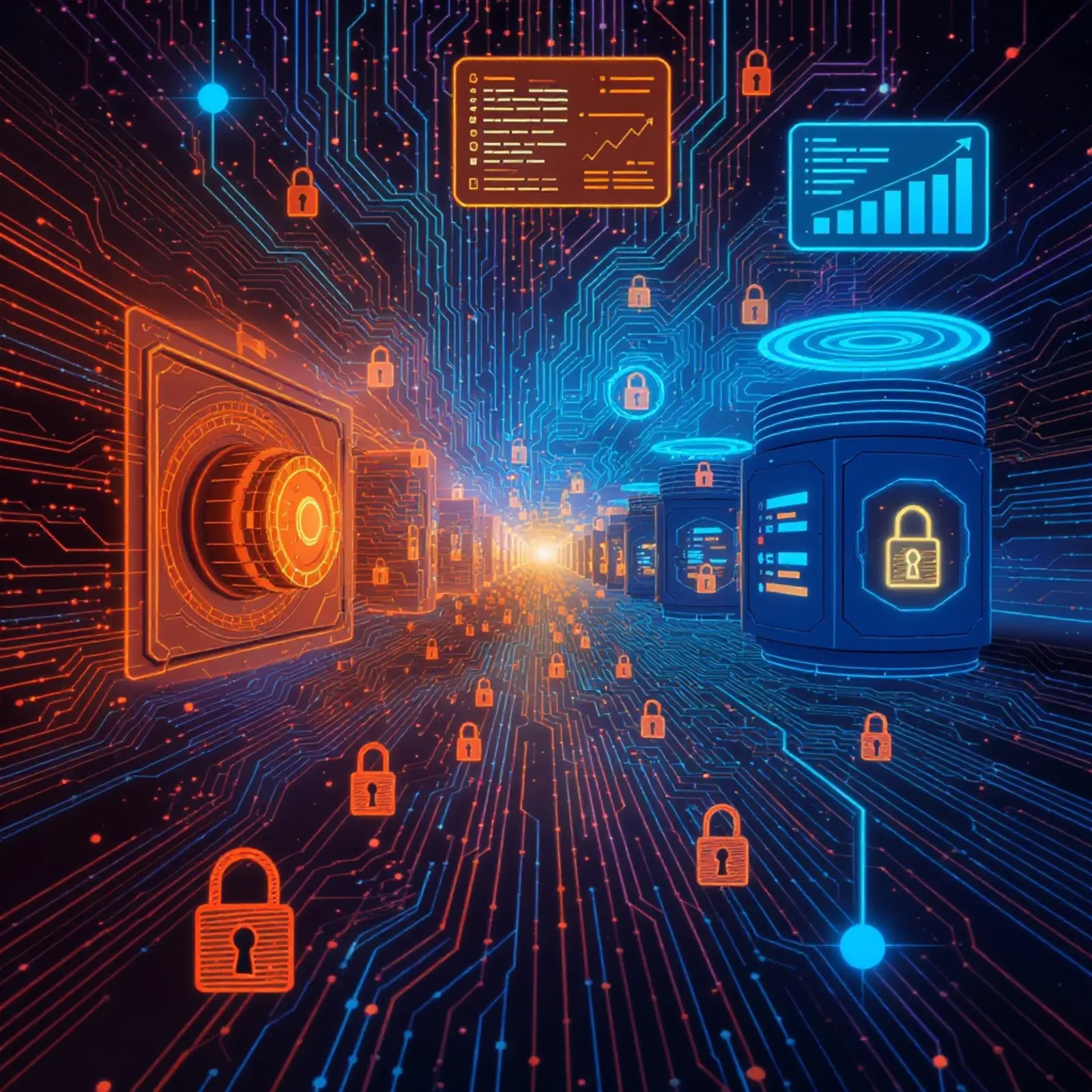 Surreale quadratische Aufnahme in Orange/Blau; abstrakte Datensicherung, Compliance und Audit-Trails