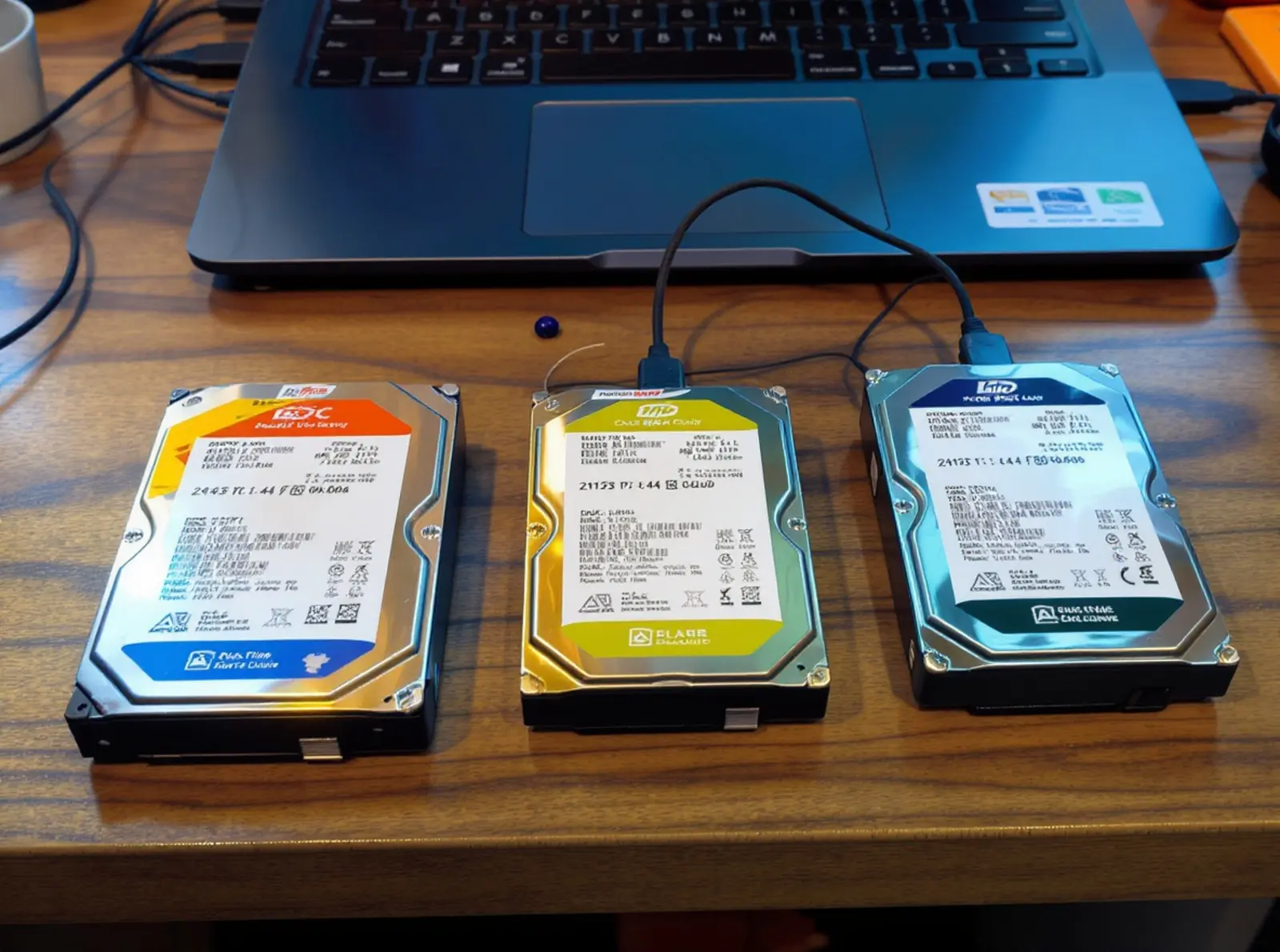 Drei externe Festplatten unterschiedlicher Größe, neben dem Laptop auf dem Schreibtisch verbunden