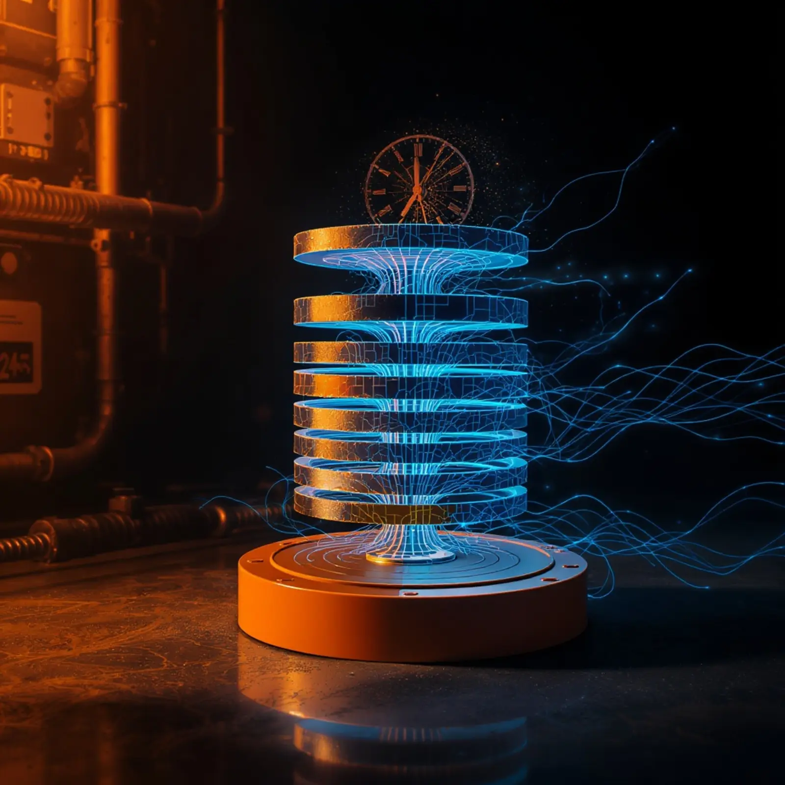 Surreales Bild: orange Voll-Backup-Disk, blaue Differenz-Lagen, leuchtende Datenpfade, Uhr-Baumringe.