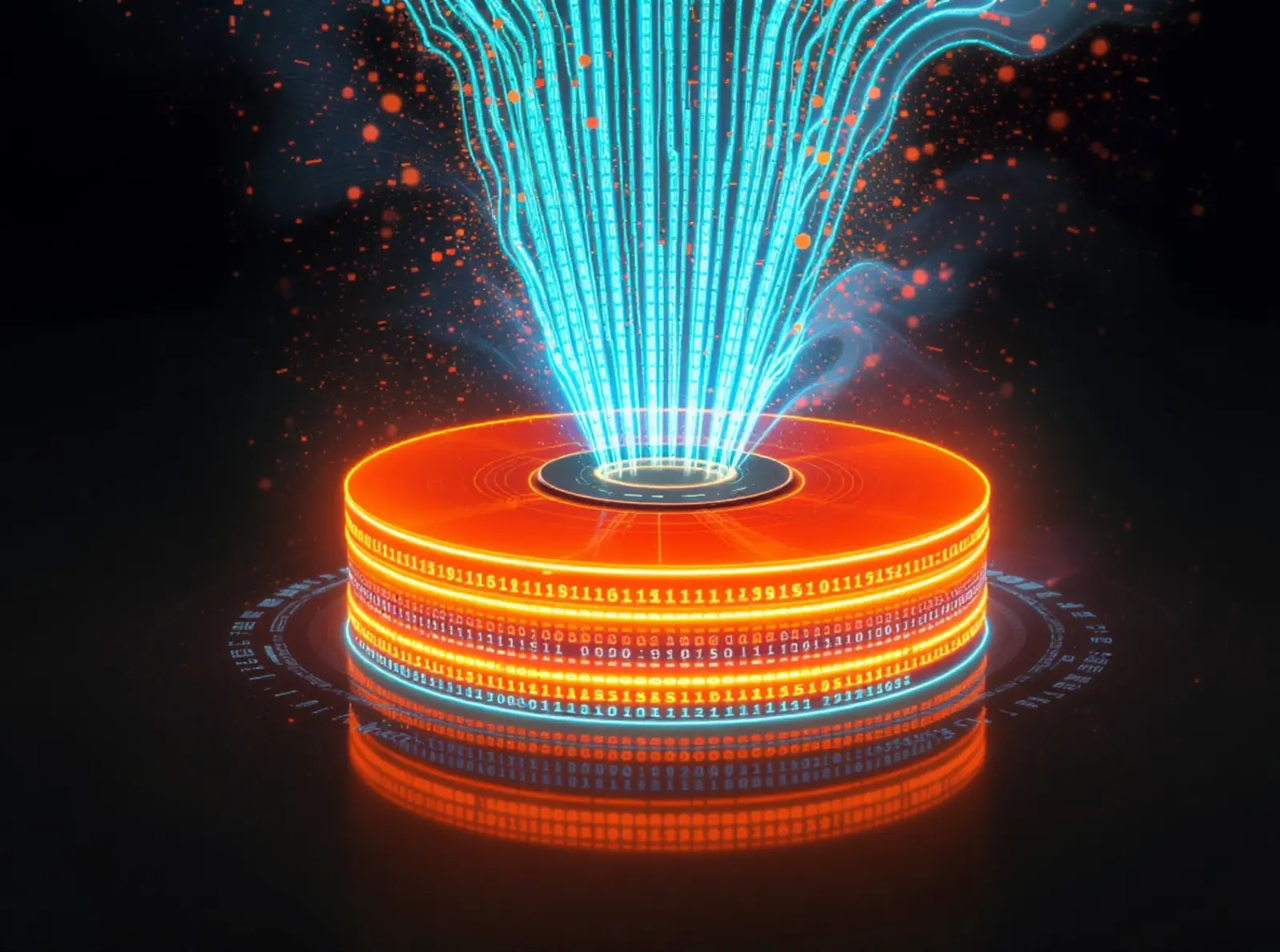 Orangene Datenscheibe sendet blaue Datenströme zu gestapelten Backup-Volumes, schwebende Metadaten.