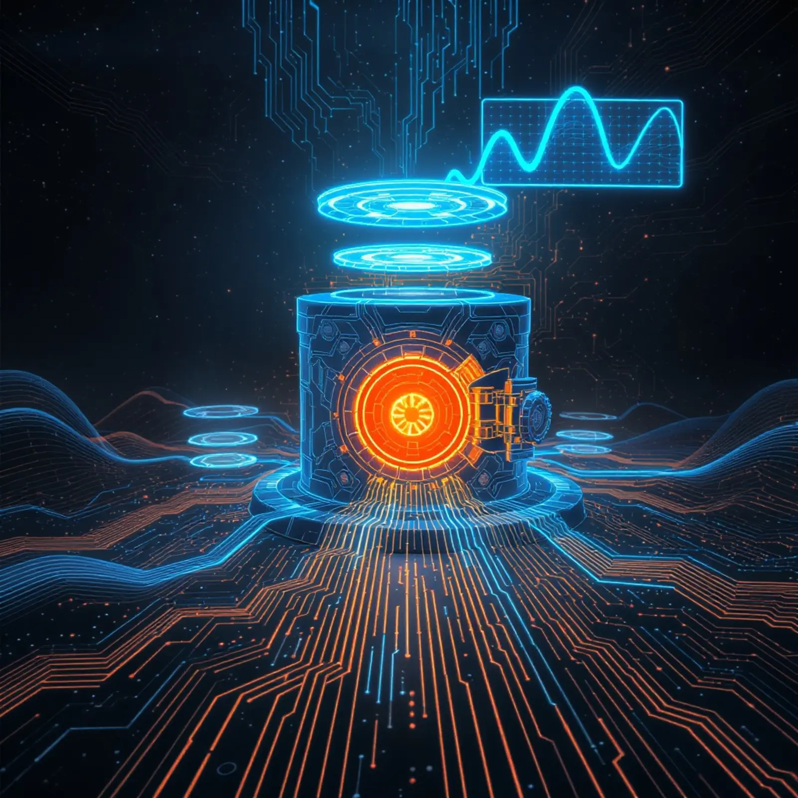 Surreales orange-blaues Vault-Bild mit Backup-Kette: inkrementelle Scheiben, Differenz-Panel