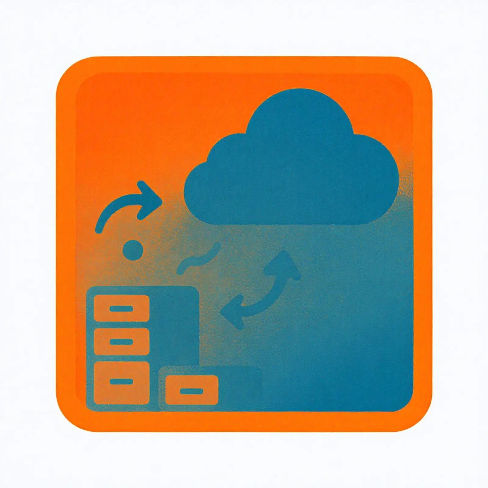 Quadratisches surrealistisches Symbol in Orange/Blau; modulare Blöcke, Wolken, Pfeile für Backups.