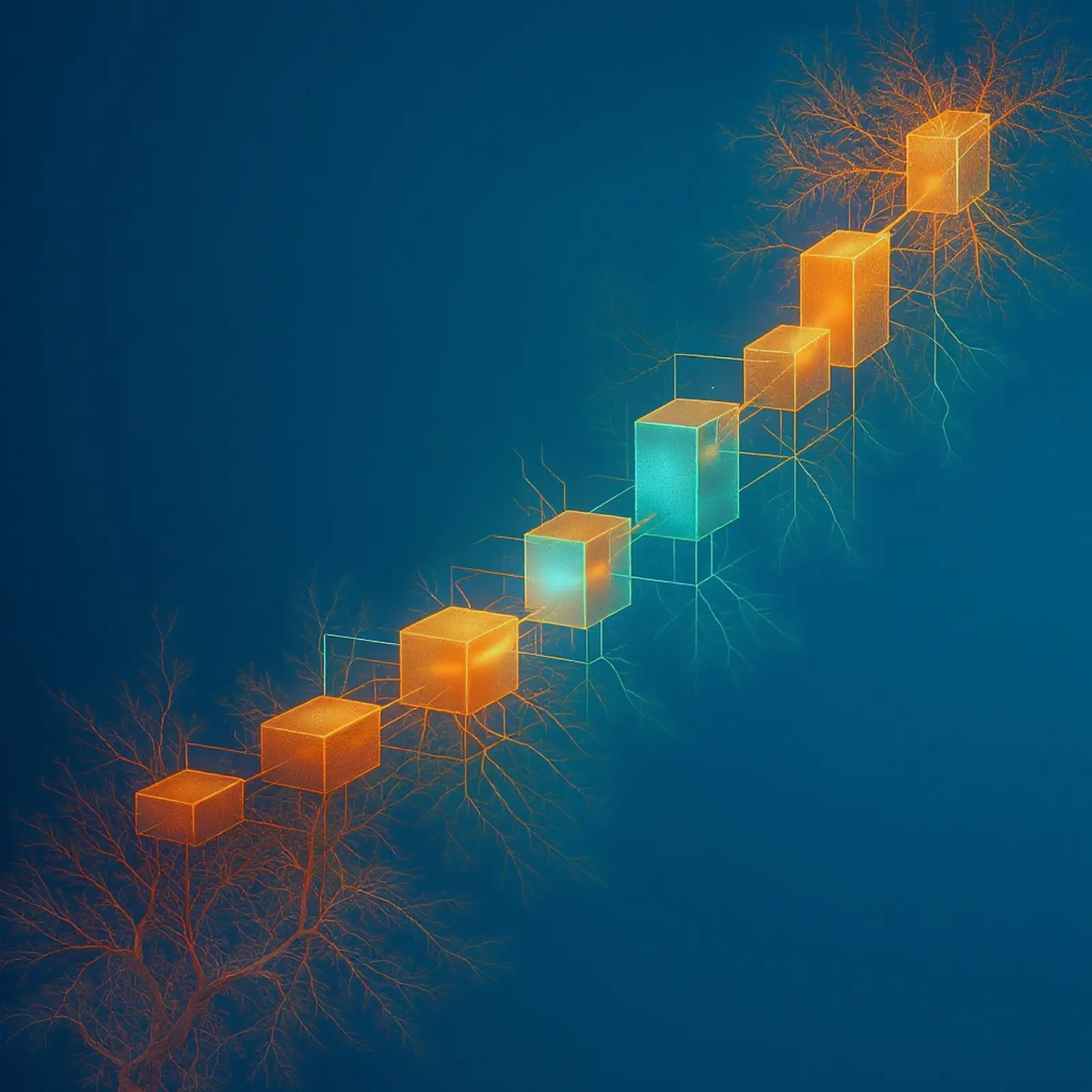 Quadratisches surrealistisches Bild in Orange/Blau; Blöcke symbolisieren Backups, inkrementell.