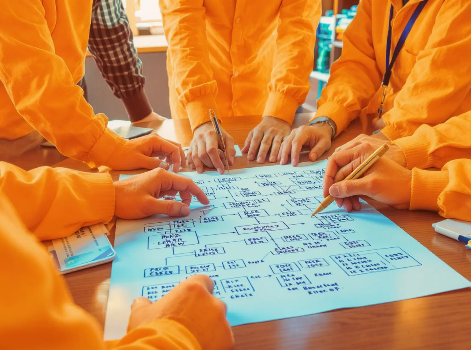 IT-Manager in orange-blauem Licht beim Besprechen eines Infrastrukturplans mit Backup-Notizen