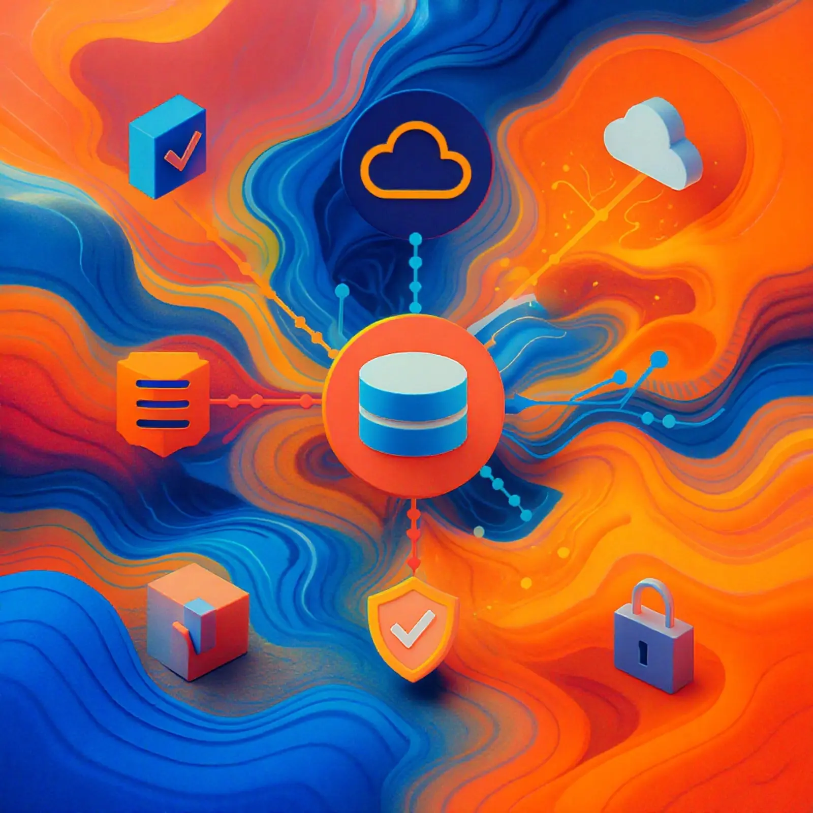 Quadratisches surrealistisches Bild in Orange und Blau, abstrakte Backupsymbole für Backup-Strategie.