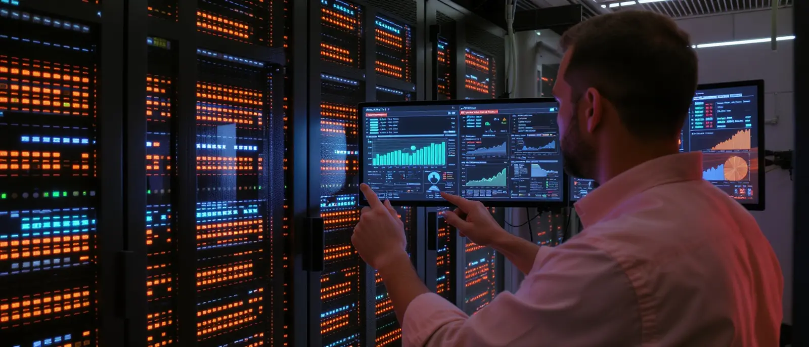 Surreal blau-orange Serverraum, Techniker überwacht Serverracks mit blinkenden Statuslichtern