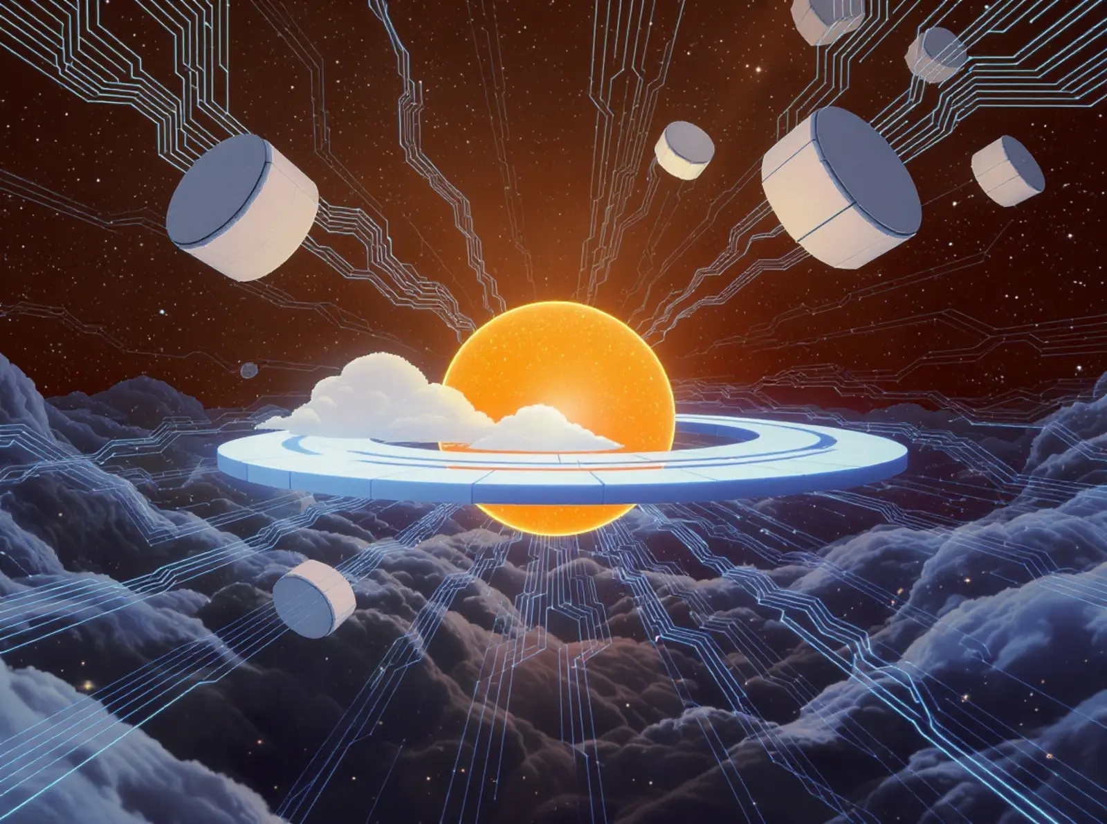 Surreales Daten-Backup: orange Kernkugel als Voll-Backup, blaue Scheiben kreisen, Cloud zu Server.