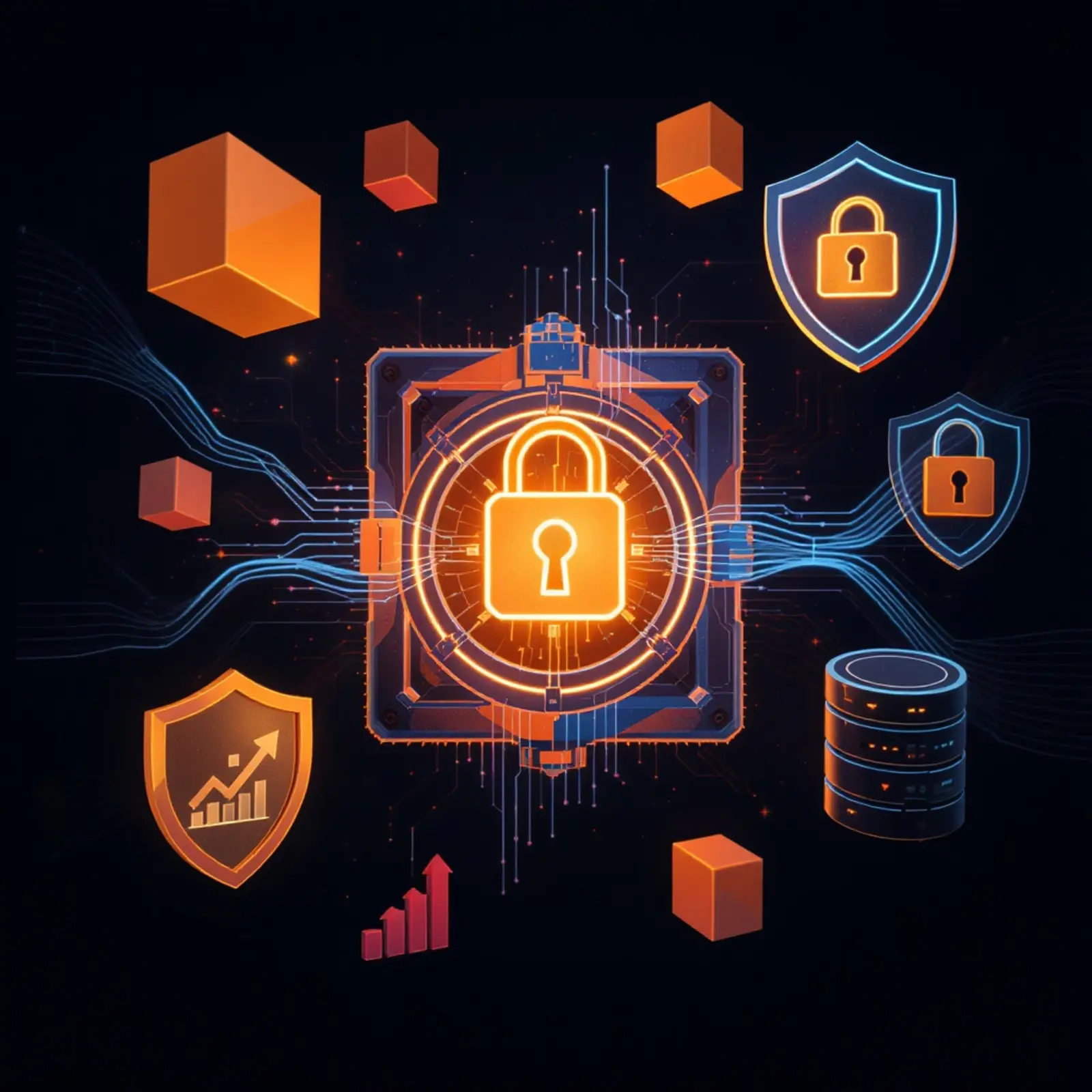 Surreales Quadrat in Orange/Blau: schwebende Datenblöcke, Tresor, TLS-Band, Checksummenfraktale
