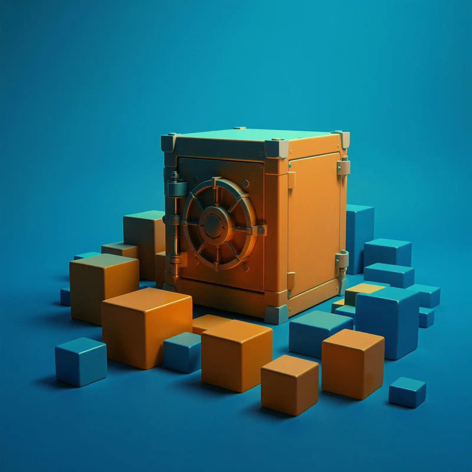 Surreales Bild einer zentralen Festplatte als Voll-Backup, orange-blaue Blöcke als Inkrement-Backups.