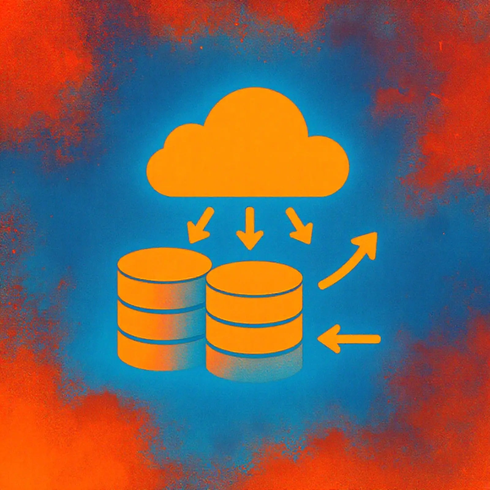 Surreales quadratisches Bild in Orange und Blau mit Festplatten, Cloud und Backup-Pfeilen (3-2-1)