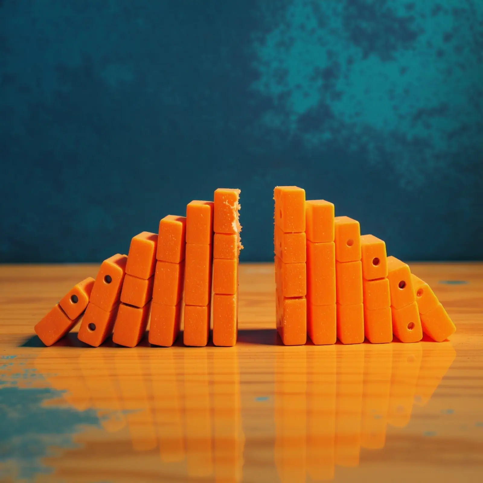 Surreales Domino-Setup in Orange und Blau: eine fehlende Kugel durchbricht die Reihe