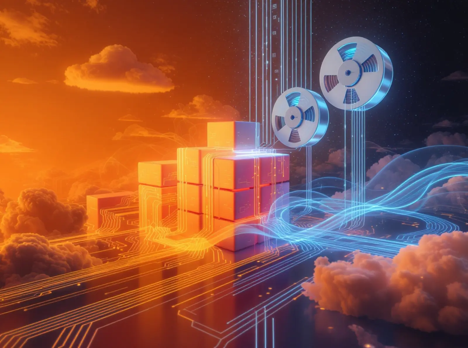 Surreales Foto in Orange/Blau: leuchtende Blöcke, Wolken, Servern und Bänder mit Datenströmen.