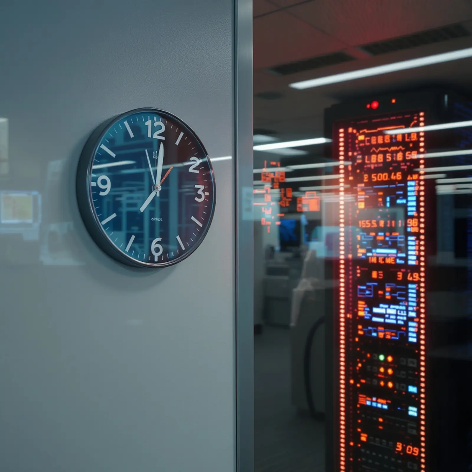 Surreale Office-Szene mit Uhr an der Wand und Serverraum hinter Glaspartition, Backup läuft automatisch